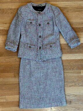 Pristine Talbots Heritage Tweed Suit Set - Chanel Style - Pink/Lime Green - Size